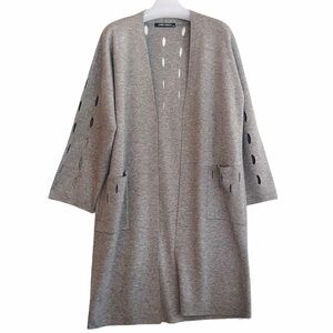 GABBY ISABELLA GRAY DISTRESSED WOOL-BLEND LONGLINE SWEATER COATIGAN SZ. S/M